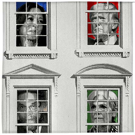 a white house with candidate’s faces behind the windows