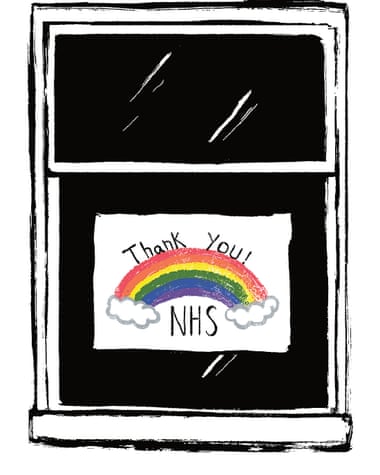 Illustration of a window with rainbow and thank you nhs poster