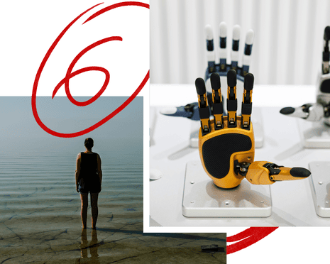 composite of woman looking at sea, and robotic hands