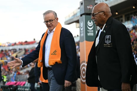 Anthony Albanese with Sitiveni Rabuka at the Australia v Fiji rugby Test match in Newcastle on Sunday.