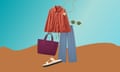 Composite of a jacket, trousers, bag, sunglasses, necklace and sandal