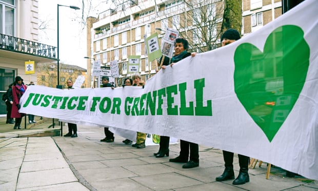 Protesters call for justice outside the Grenfell Tower public inquiry in London this week. 
