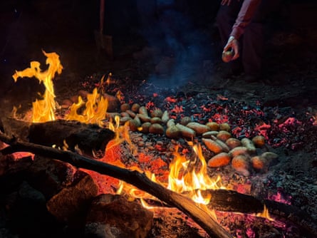 Potatoes baking in the fire.