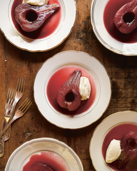 Poached pears, looking sexy and French in their flamboyant and glossy red wine sauce.