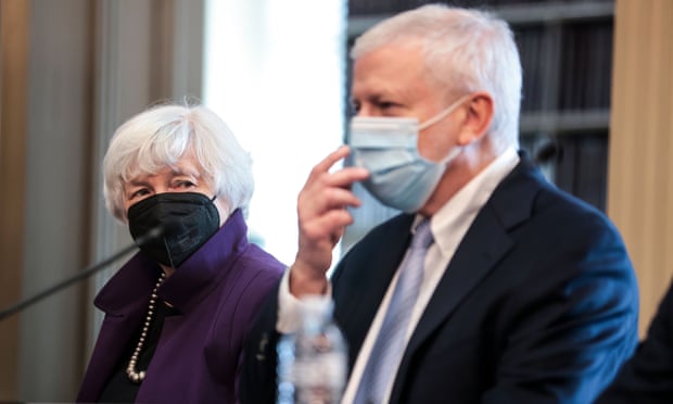 Treasury secretary Janet Yellen listens to Josh Bolten, president and CEO of Business Roundtable, in Washington.