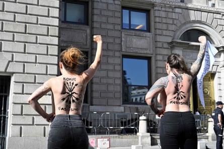 ‘An integral part of the Spanish feminist movement … Femen activists protest in front of the Electoral Commission in Madrid.