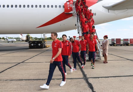 Arsenal players at Stansted airport before departing for their tour.