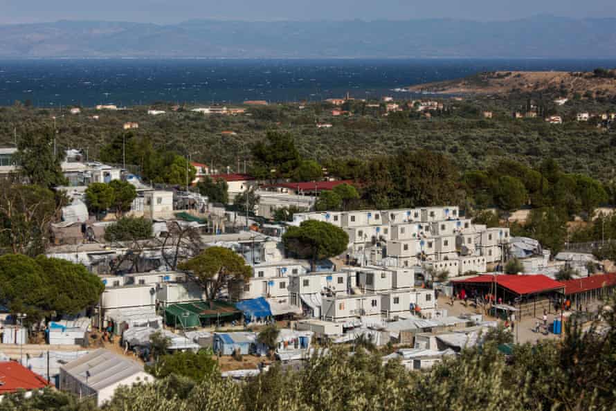 Part of Moria camp, with the Turkish coast in the background