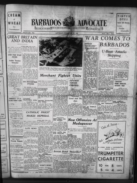 A 1940s edition of the Barbados Advocate reporting the U-boat attack on the SS Cornwallis with the headline ‘War comes to Barbados’