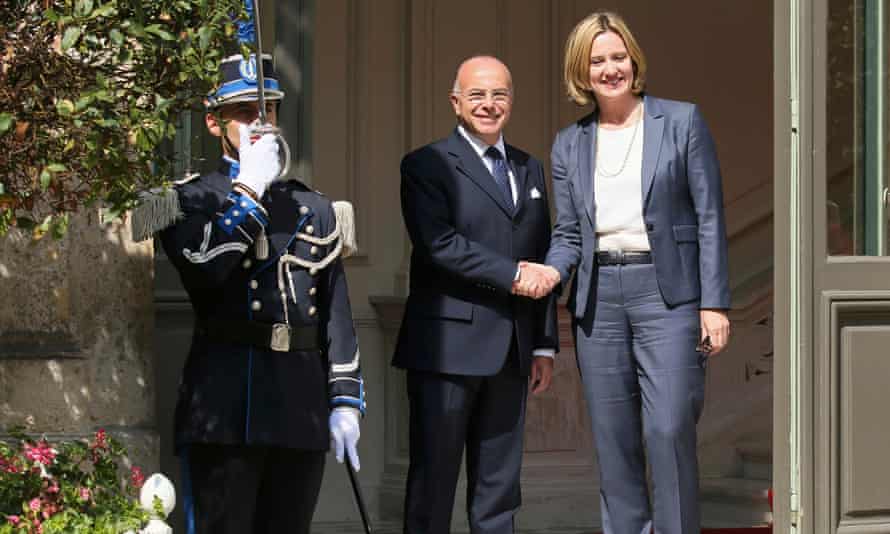 French interior minister Cazeneuve welcomes Amber Rudd, the home secretary, before their meeting in Paris today.