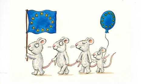 One of Axel Scheffler’s two illustrations for the Drawings for Europe project features a family of mice with an EU flag and balloon