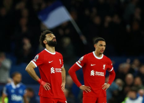 Liverpool's Mohamed Salah looks dejected after Everton's Dominic Calvert-Lewin scores their second goal.