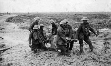 A stretcher-bearing party carrying a wounded soldier during the battle of Passchendaele.