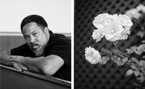 Left: Man sitting for a portrait on a pew. Right: Detail of white carnations