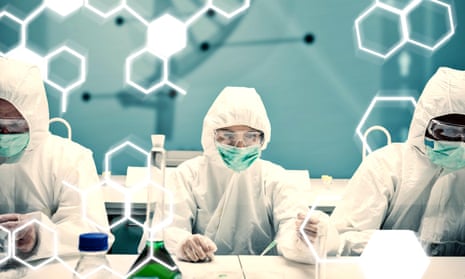 Composite image of chemists working in protective suit with futuristic interface showing DNA diagram.
