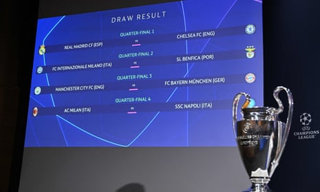 A screen at Uefa’s headquarters shows the draw for the quarter-finals of the Champions League.