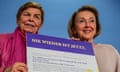 Ruth Winkelmann and Eva Umlauf holding a large document with the title Nie Wieder Ist Jetzt (Never Again Is Now).