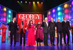 The original members of the Seekers, Keith Potger (second from left), Judith Durham (fourth from left), Bruce Woodley (fifth from left) and Athol Guy (second from right) take a curtain call with cast members during the opening night of Georgy Girl: The Seekers Musical at the State Theatre in Sydney on 6 April 2016.