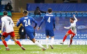 Luton Town’s Jordan Clark scores their first goal.
