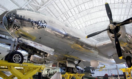The restored Enola Gay, the Boeing B-29 Superfortress airplane used to drop the first atomic bomb in combat 6 August 1945 on Hiroshima, Japan, is seen on display at the National Air and Space Museum in Virginia.