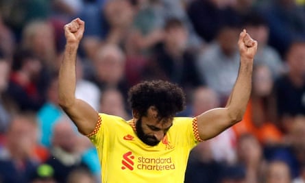 Mohamed Salah celebrates scoring Liverpool’s second goal, his 100th in the league for the club