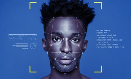 Facial recognition software applied to a young black man's face