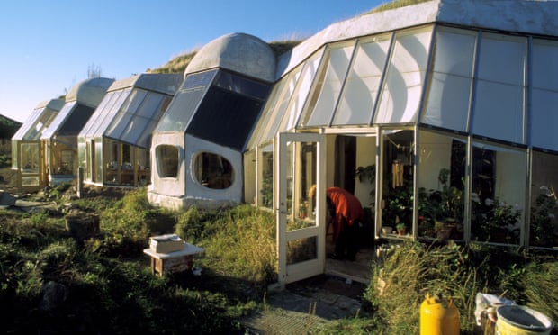 Sustainable eco homes in Torup eco village, Denmark.The ecohouses have a turf roof and are partially buried to conserve heat.