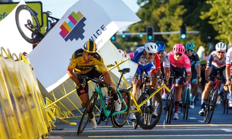Dylan Groenewegen (front left) was blamed for the collision at the stage one finish of the Tour of Poland that caused Fabio Jakobsen to crash through the barriers into an official. 