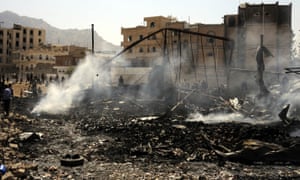 A destroyed building is seen as Saudi-led coalition forces conduct airstrikes Sana’a.