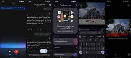 Screenshots of Google’s various AI tools, including Gemini Live, the Screenshots app and Magic Editor.