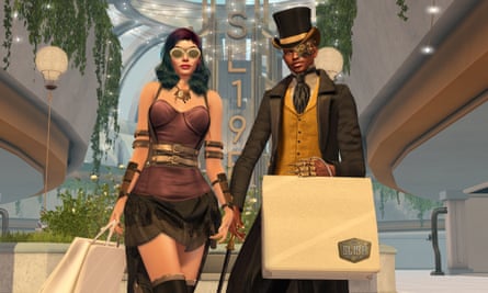 Una donna e un uomo che fanno shopping nel mondo virtuale Second Life