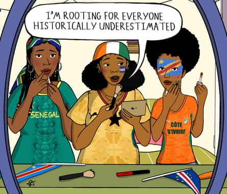 A cartoon of three Black women, putting on makeup and wearing various different flags and football shirts.