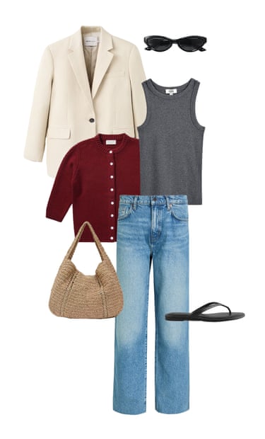 A composite image of a cream blazer, black sunglasses, grey racer back vest, burgundy cardigan, blue straight leg jeans, beige raffia tote bag and black flip flops on a white background.