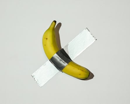 An artwork which consists of a banana stuck to a wall with ducttape