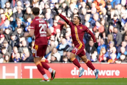 Theo Bair celebrates a goal for Motherwell.