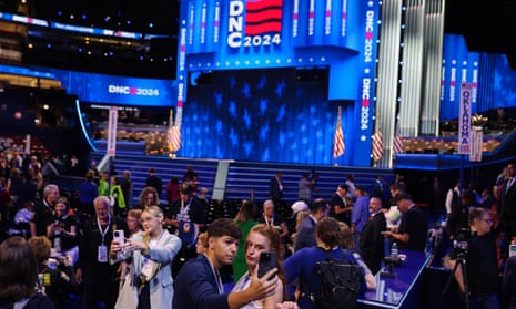 Influencers pose near the social media area of the United Center ahead of Day 2 of the Democratic national convention in Chicago.