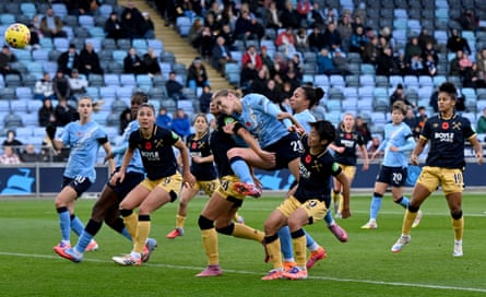Manchester City’s Gracie Prior hits the crossbar with a header against West Ham.