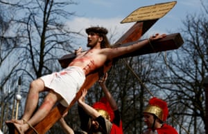 Actors re-enact the story of the Crucifixion in Piekary Slaskie, Poland.
