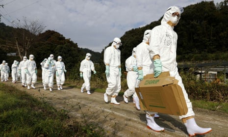 Officials in protective suits head to a poultry farm for a suspected bird flu case in Higashikagawa, western Japan.