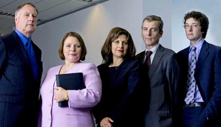 Brilliantly awful … Scanlan (second left) in The Thick of It, with James Smith,Rebecca Front, Peter Capaldi and Chris Addison.