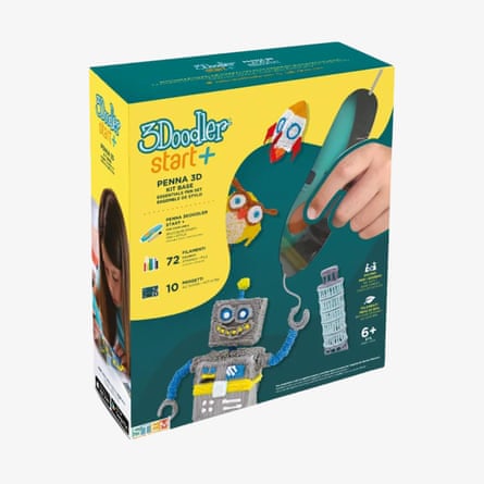 Packaging for a kids’ 3D drawing pen set shows a hand holding the pen beside doodled figures