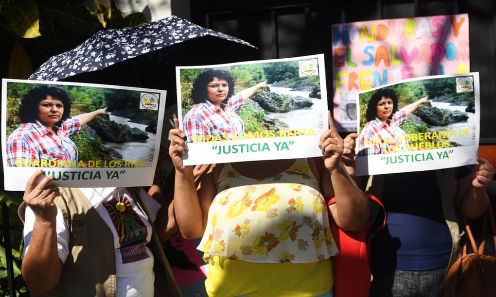 Activists call for justice in the case of the murder of Honduran indigenous environmentalist Berta Cáceres, who died last year.