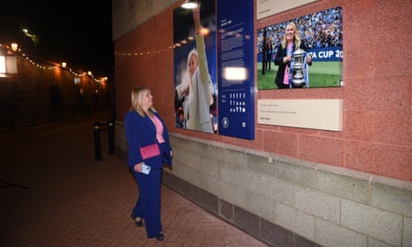 Emma Hayes visits her Shed Wall installation at Stamford Bridge earlier this month.