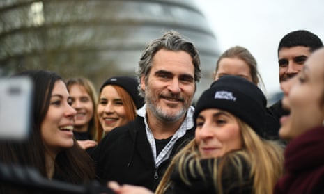 Members of Animal Equality appear with actor Joaquin Phoenix at a protest on Tower Bridge in London, ahead of Sunday’s Bafta awards.