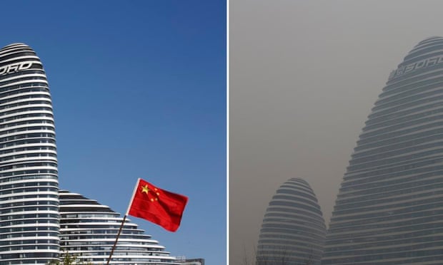 A combination picture shows a commercial building on a sunny day (left) and a polluted day in Beijing.