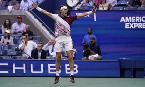 Casper Ruud jumps for joy after winning a point against Karen Khachanov in the US Open semi-final.