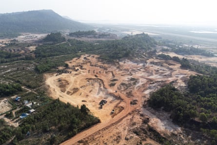 Aerial view of an area being excavated in Ream commune, Preah Sihanouk province, Cambodia.