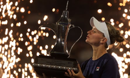 Barbora Krejcikova celebrates winning the Dubai Duty Free Tennis Championship
