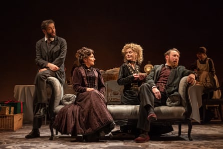 ‘Scenes of heart-stopping beauty’, Tom Stoppard’s Leopoldstadt at Wyndham’s theatre, London, 2020, with, left to right, Ed Stoppard as Ludwig, Alexis Zegerman as Eva, Faye Castelow as Gretl and Adrian Scarborough as Hermann.