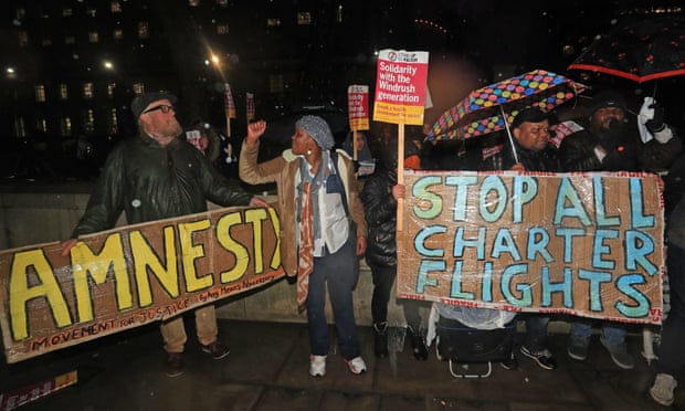 ‘Mass deportation charter flights were introduced under New Labour in 2001, and thousands of people have been expelled this way since.’ Protests against deportation flights to Jamaica in February 2020.